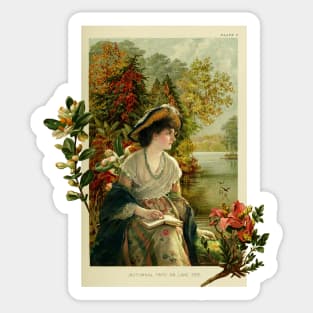 Woman reading by lake vintage collage Sticker